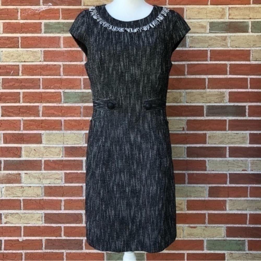 Nanette Lepore Fringed Collar Round Neck Black White Short Sleeve Dress 👗